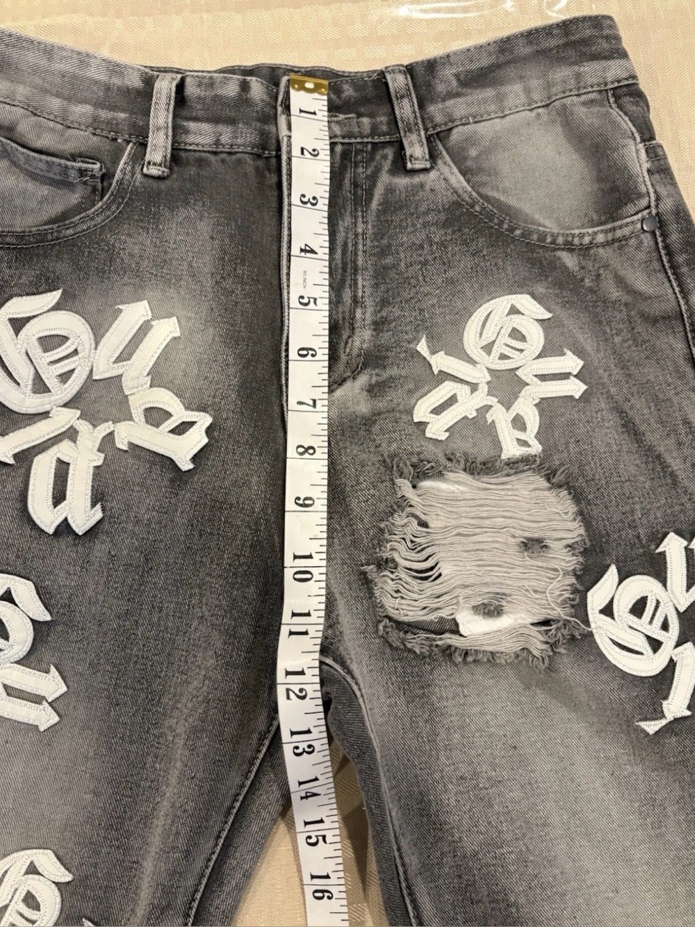 GUAPI Distressed Skinny Jeans Gray Denim Embroidered Logo Streetwear Men's 28 - Picture 10 of 11